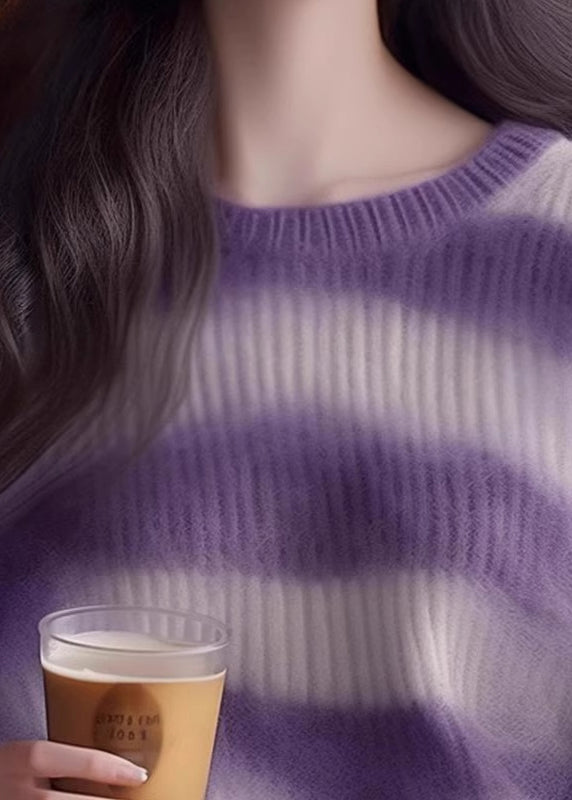 Purple O Neck Striped Cozy Knit Sweater Winter