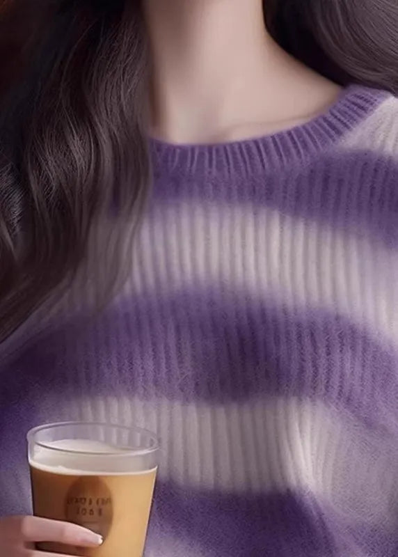 Purple O Neck Striped Cozy Knit Sweater Winter