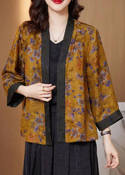 Yellow Print Patchwork Silk Loose Cardigans Bracelet Sleeve
