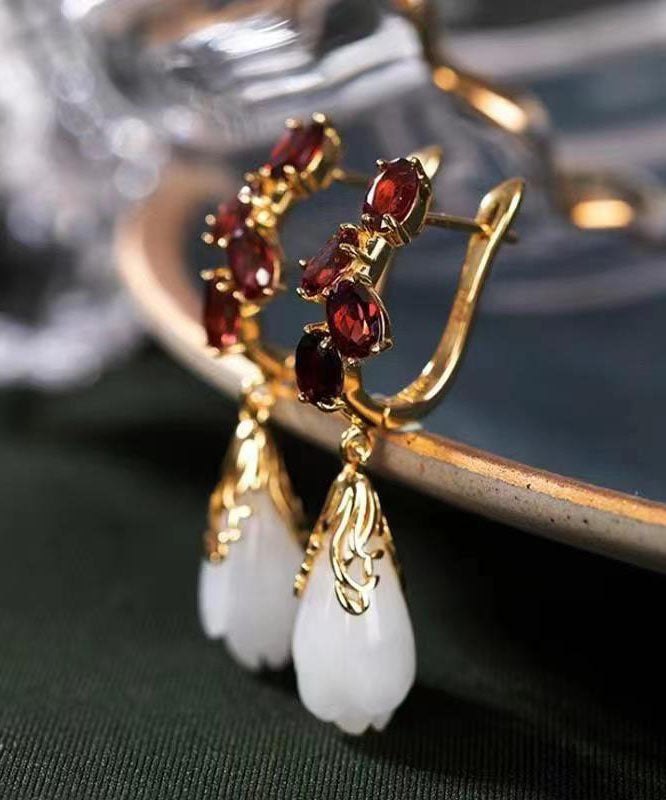 Mulberry Stainless Steel Glass Inlaid Jade Garnet Drop Earrings