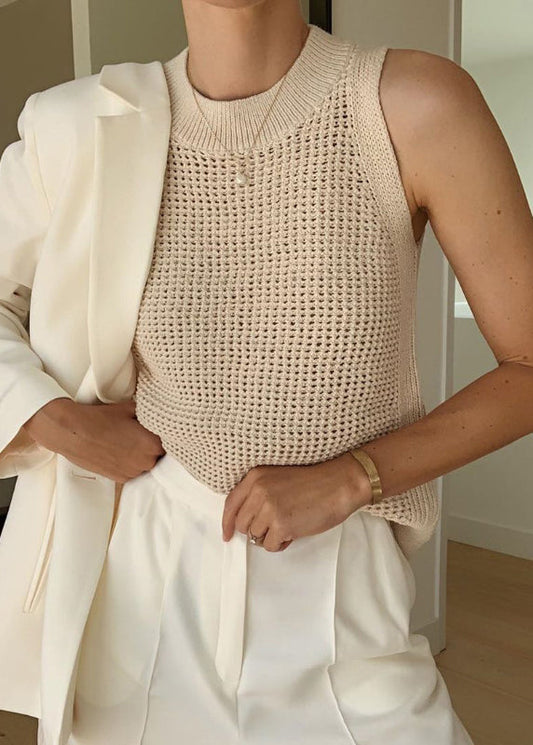Style Beige O Neck Hollow Out Ice Silk Knit Tops Sleeveless