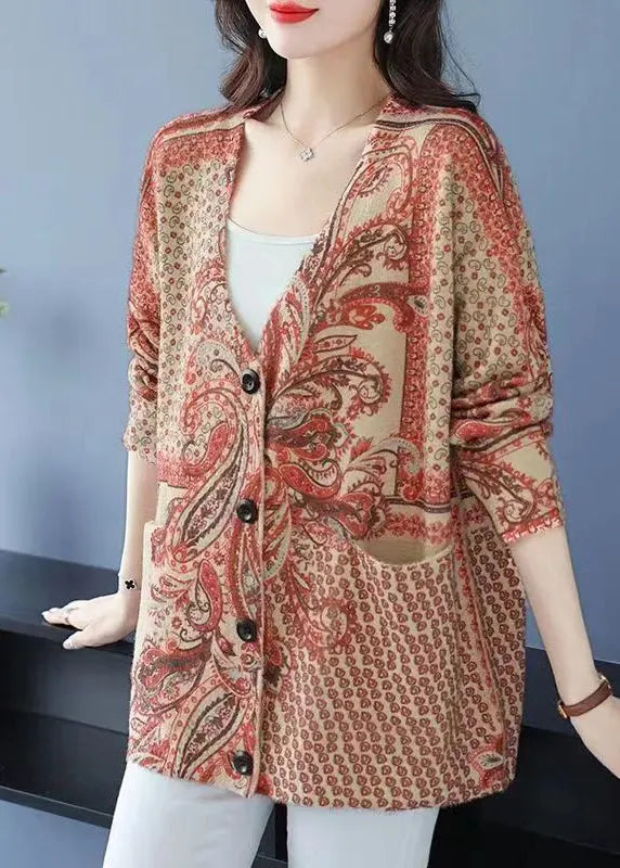 Orange V Neck Print Button Mink Hair Knitted Coat Fall