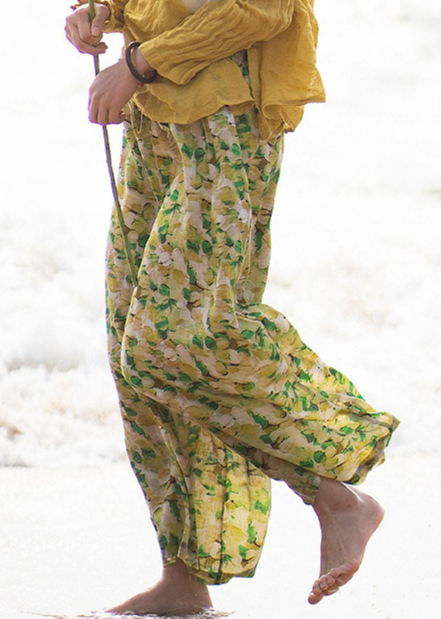 Green Print Tie Waist Linen Wide Leg Pants Summer