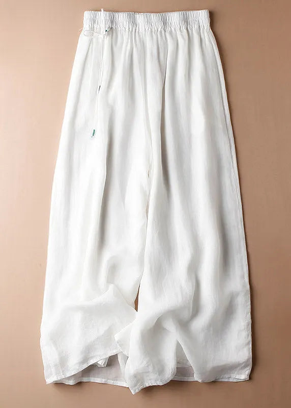 Art Blue Drawstring Tie Waist Linen Wide Leg Pants