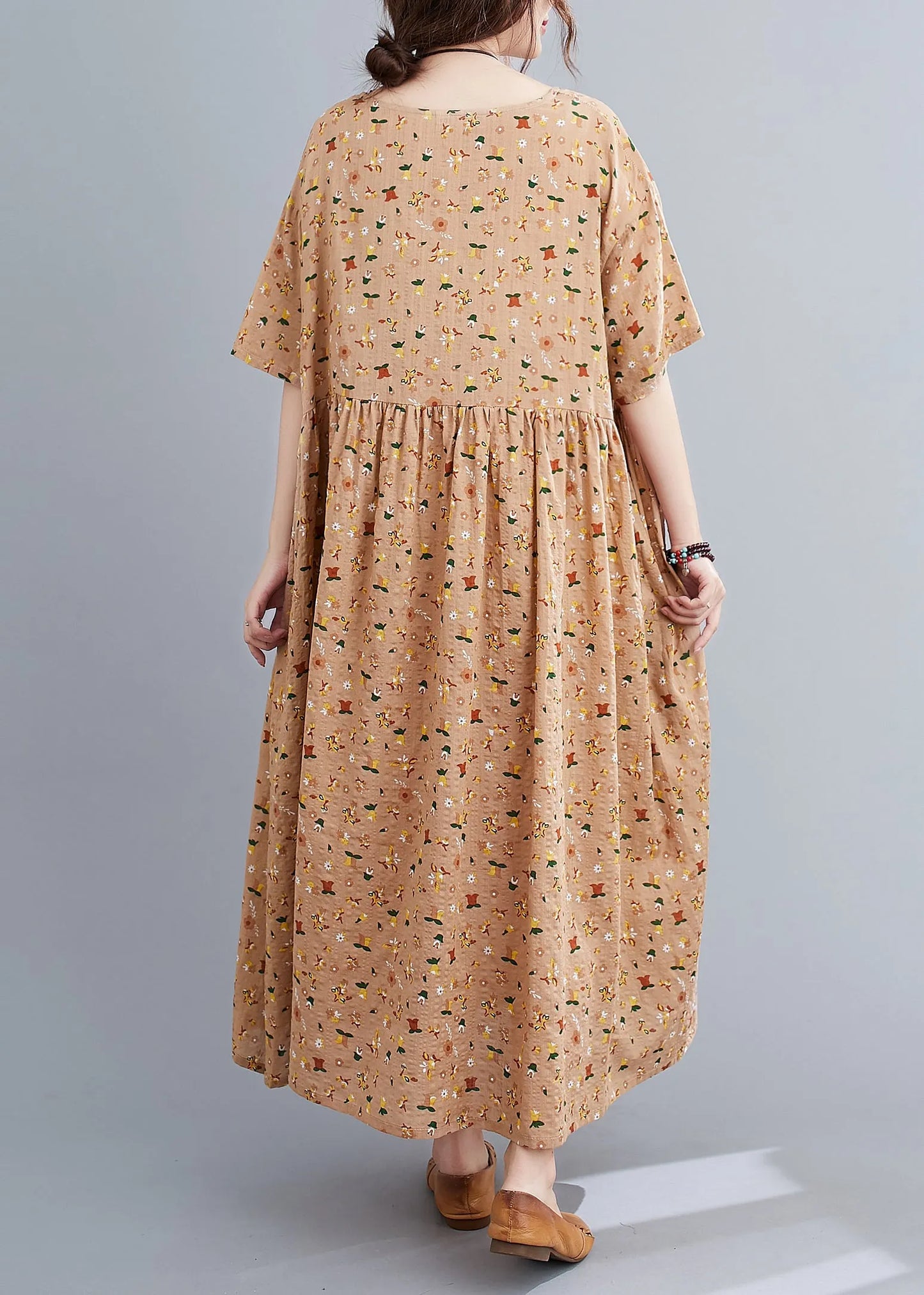 French Pink Orange O-neck Wrinkled Print Cotton Loose Dresses Short Sleeve