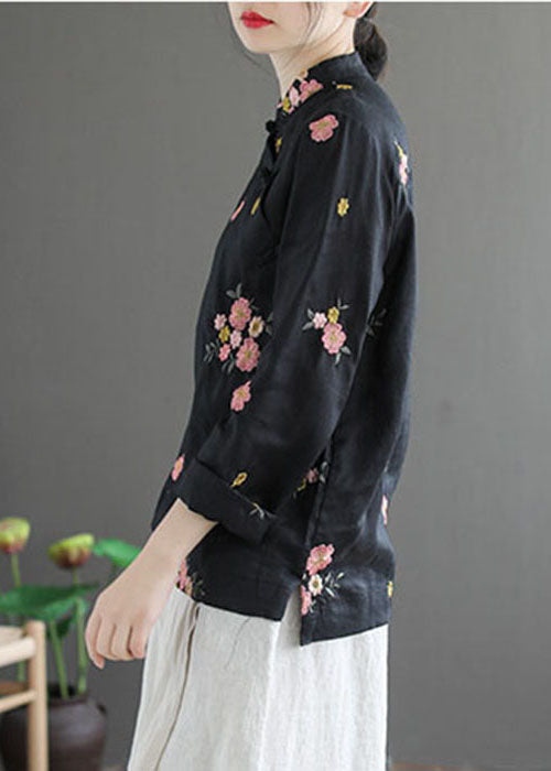 Black Stand Collar Embroidered Linen Shirt Long Sleeve