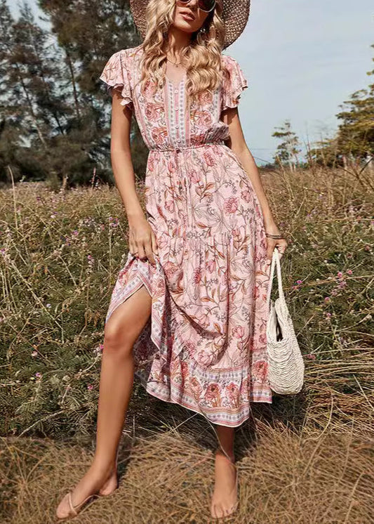 Pink V Neck Print High Waist Long Dresses Summer