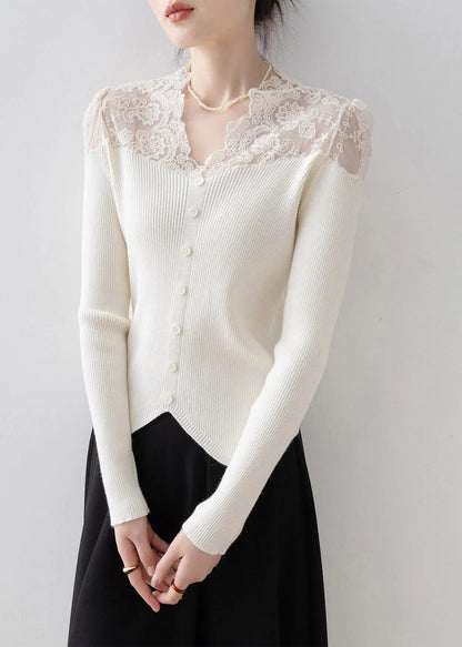 Apricot V Neck Lace Patchwork Knit Sweater Spring