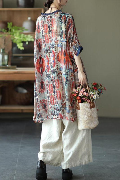 Ramie Print O-neck Loose Shirt