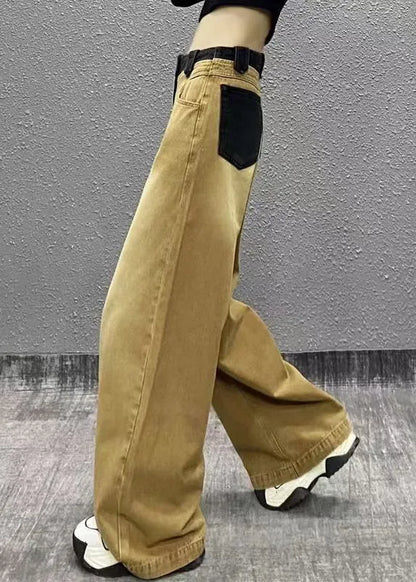 Khaki Pockets Patchwork Denim Wide Leg Pants Fall