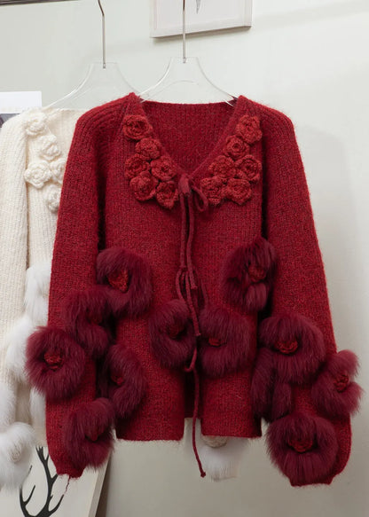 Beige Lace Up Fox Fur Patchwork Knit Coats Winter