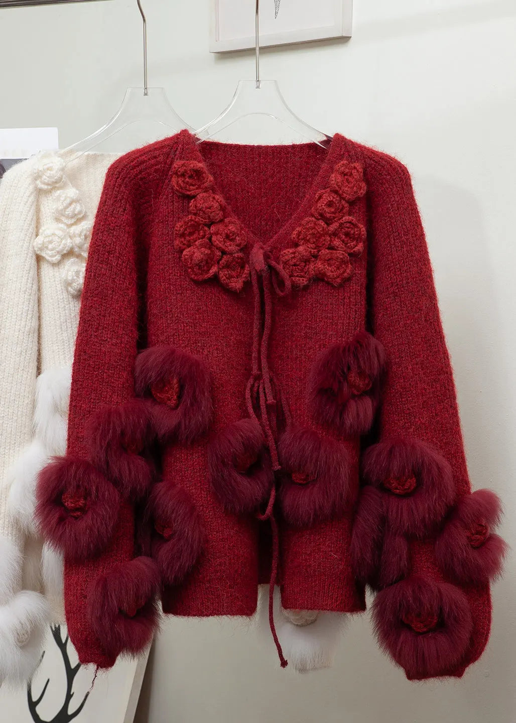 Beige Lace Up Fox Fur Patchwork Knit Coats Winter