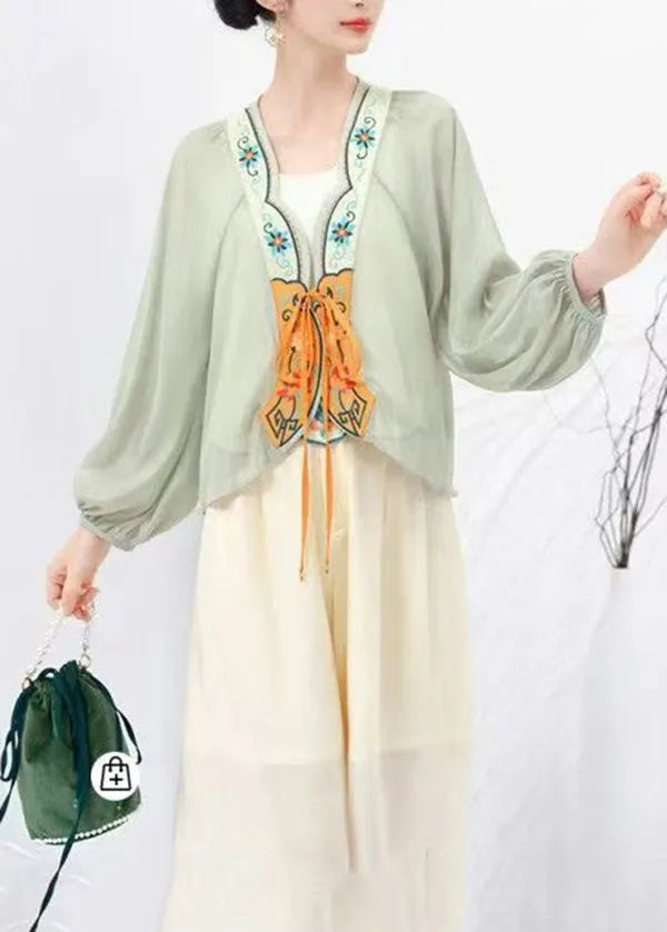 Original Design Pink Print Lace Up Chiffon Cardigans Lantern Sleeve