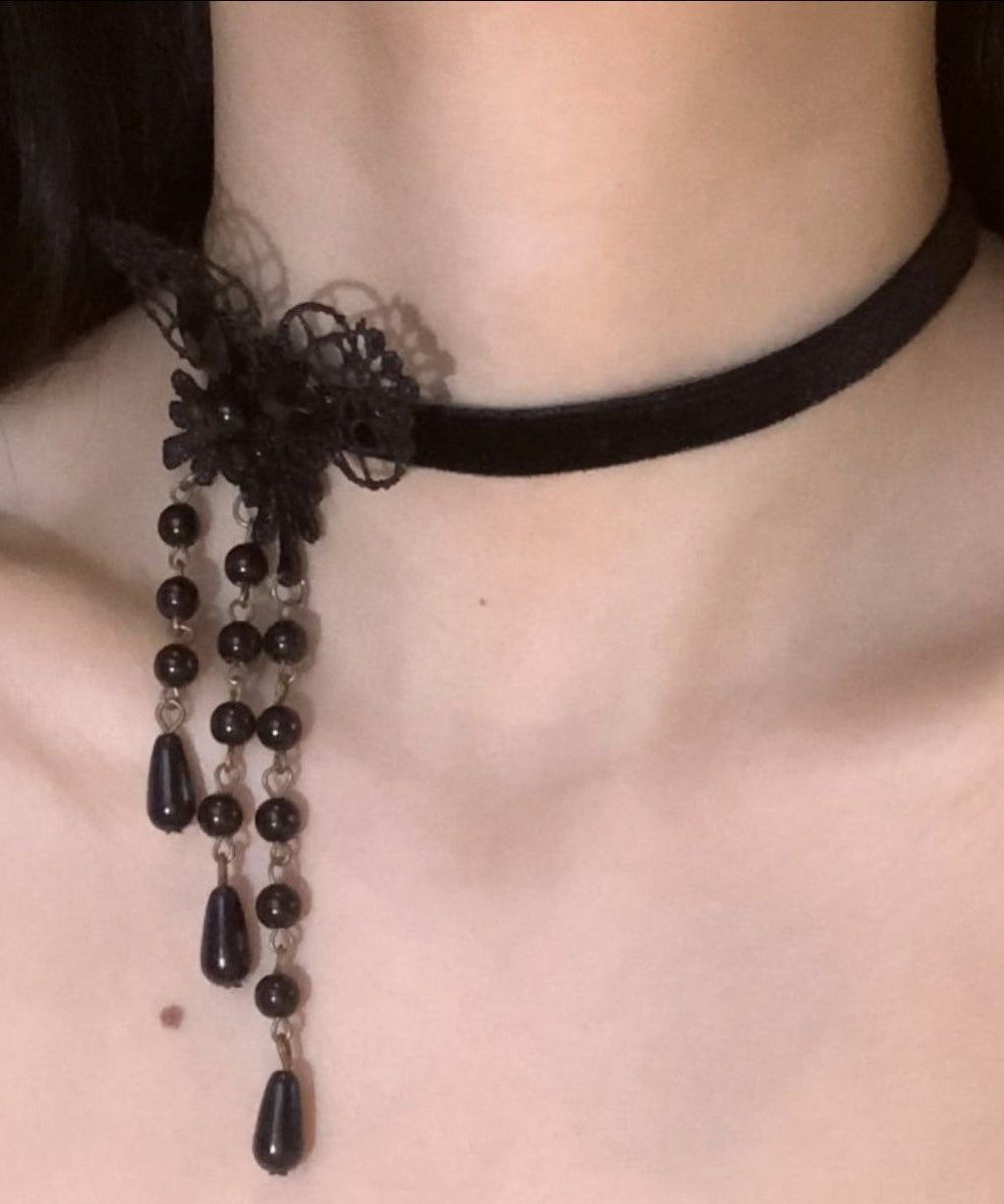 Black Copper Alloy Lace Butterfly Pearl Tassel Pendant Necklace