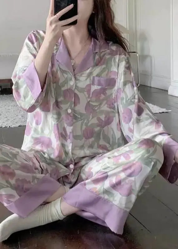 Purple Tulip Print Button Ice Silk Pajamas Two Pieces Set Spring