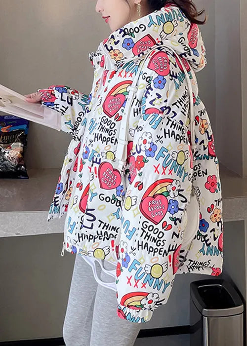 New Pink Hooded Pockets Print Fine Cotton Filled Jackets Winter