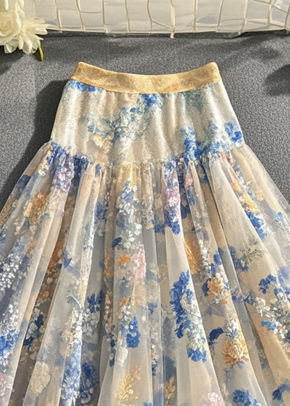 White Print Silm Fit Tulle Skirts Summer