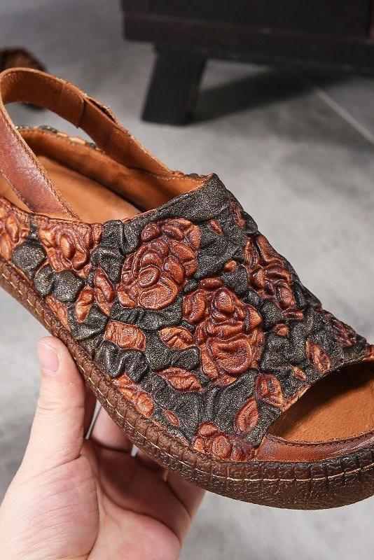 Genuine Leather Sandals Flower Elastic Band Flat Heel Sandals
