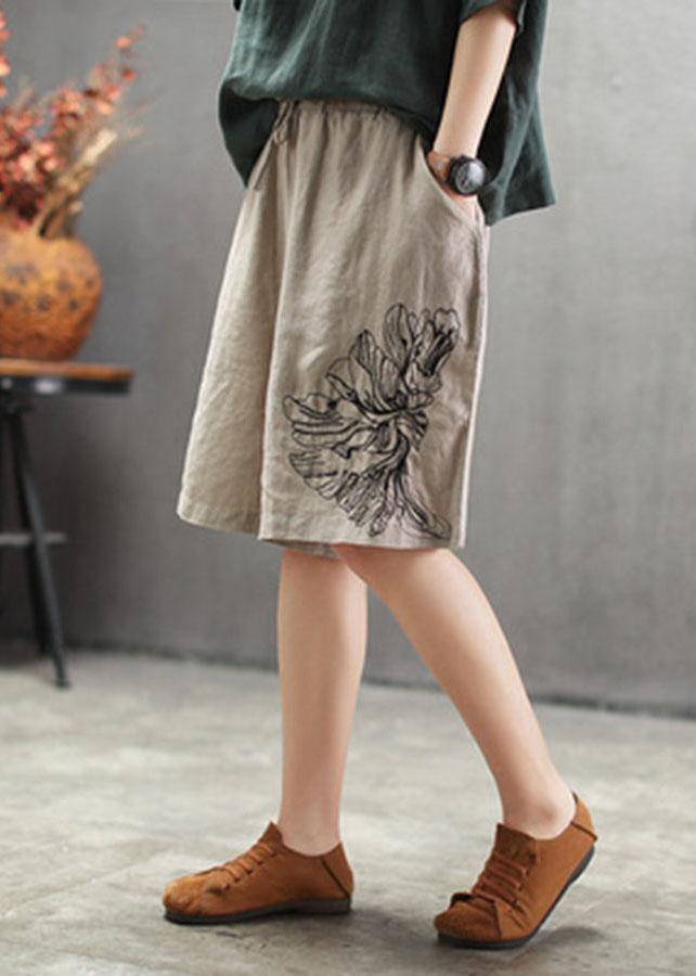 Art Chocolate Embroidered Tie Waist Linen Hot Pants
