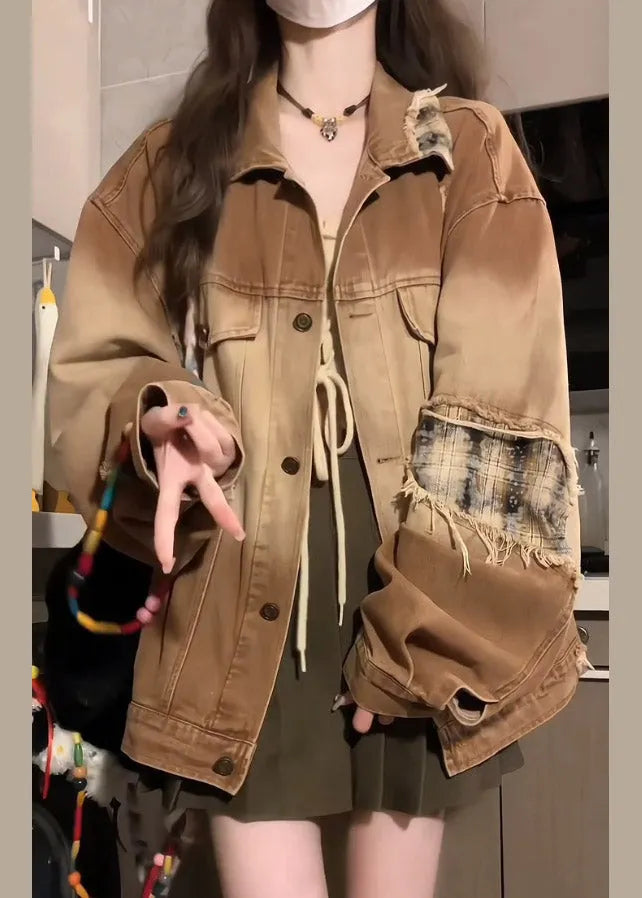 Khaki Peter Pan Collar Pockets Patchwork Patch Denim Coat Lantern Sleeve
