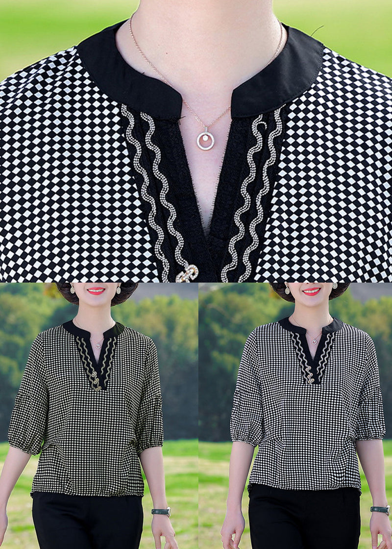 Coffee Plaid Patchwork Cotton T Shirt V Neck Summer