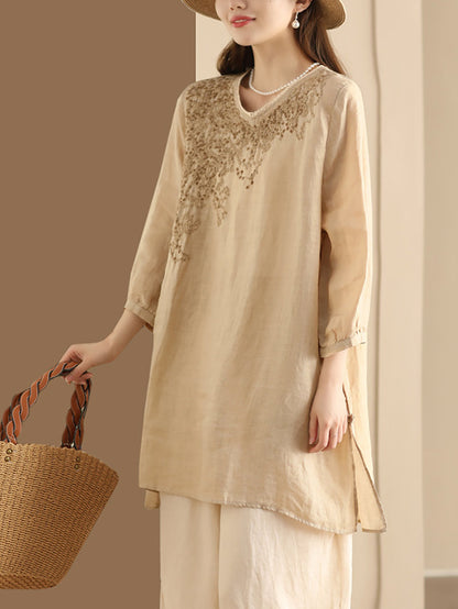 Summer Artsy Embroidery Ramie Long Shirt