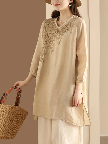Summer Artsy Embroidery Ramie Long Shirt