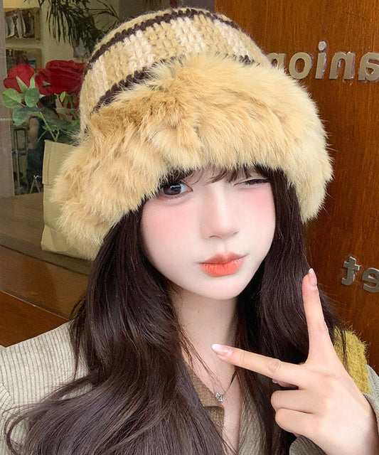 Boutique Khaki Rabbit Patchwork Knit Bucket Hat