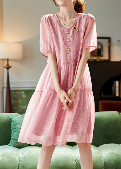 Pink V Neck Lace Patchwork Chiffon Long Dresses Short Sleeve