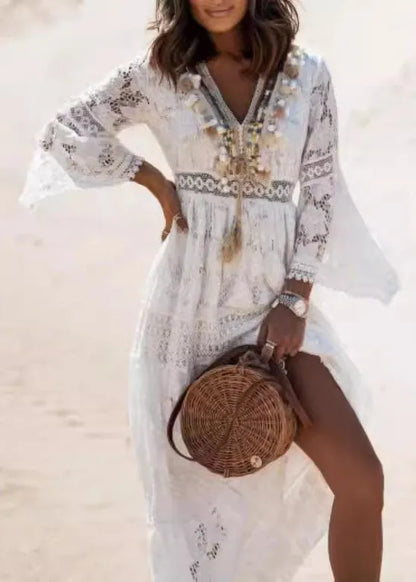 White Tasseled Hollow Out Lace Dresses Summer