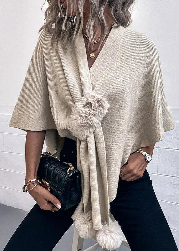 Stylish Apricot V Neck Fuzzy Ball Patchwork Knit Cape Fall