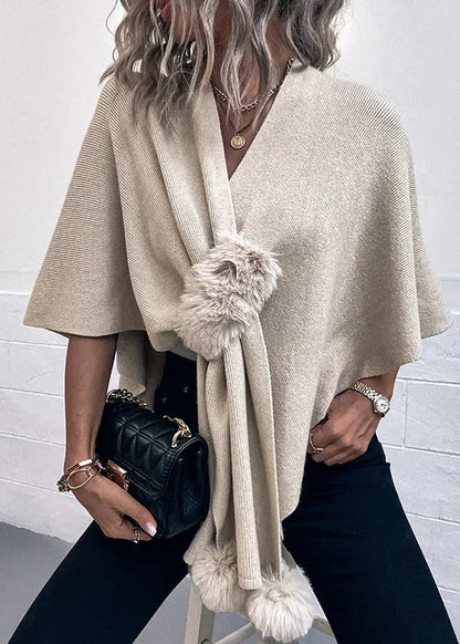 Stylish Apricot V Neck Fuzzy Ball Patchwork Knit Cape Fall