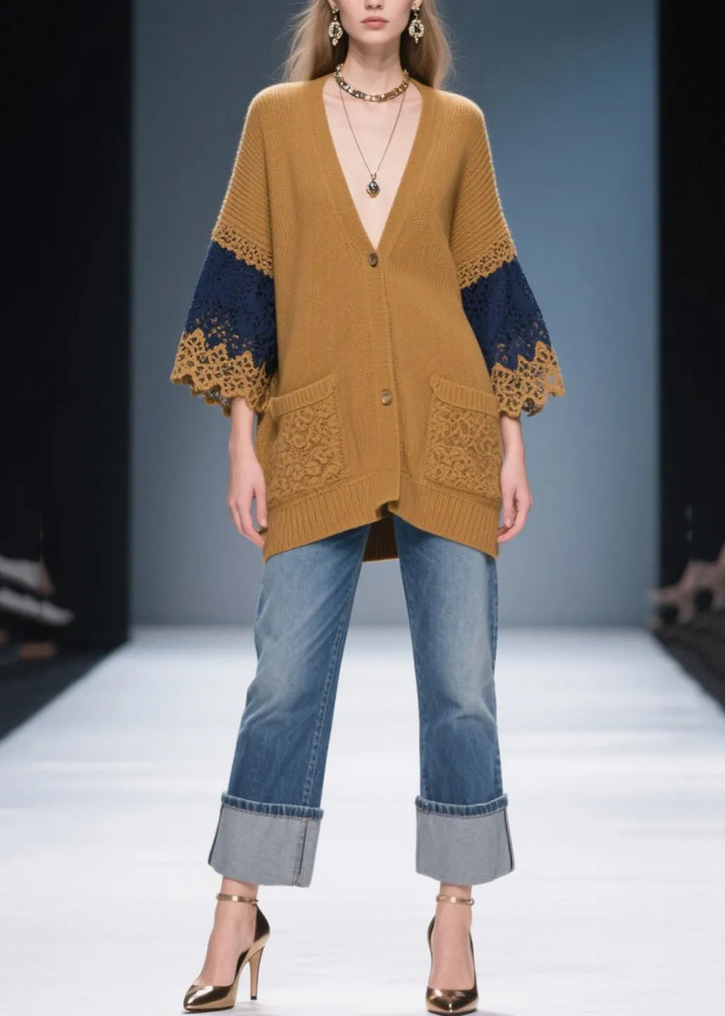 Classy Coffee Oversized Patchwork Lace Knit Coats Fall