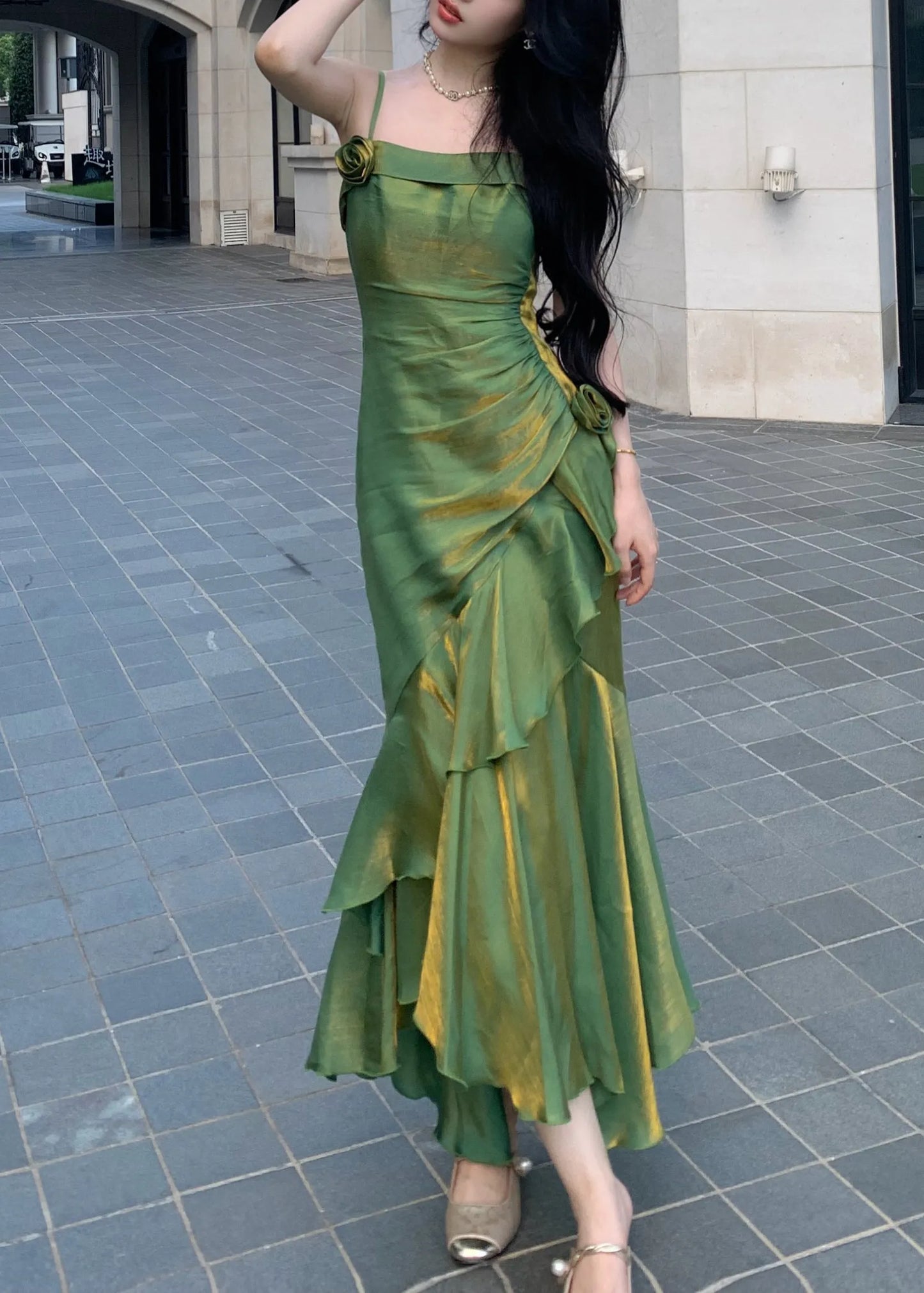 Slim Fit Green Ruffled Silk Spaghetti Strap Dress Sleeveless