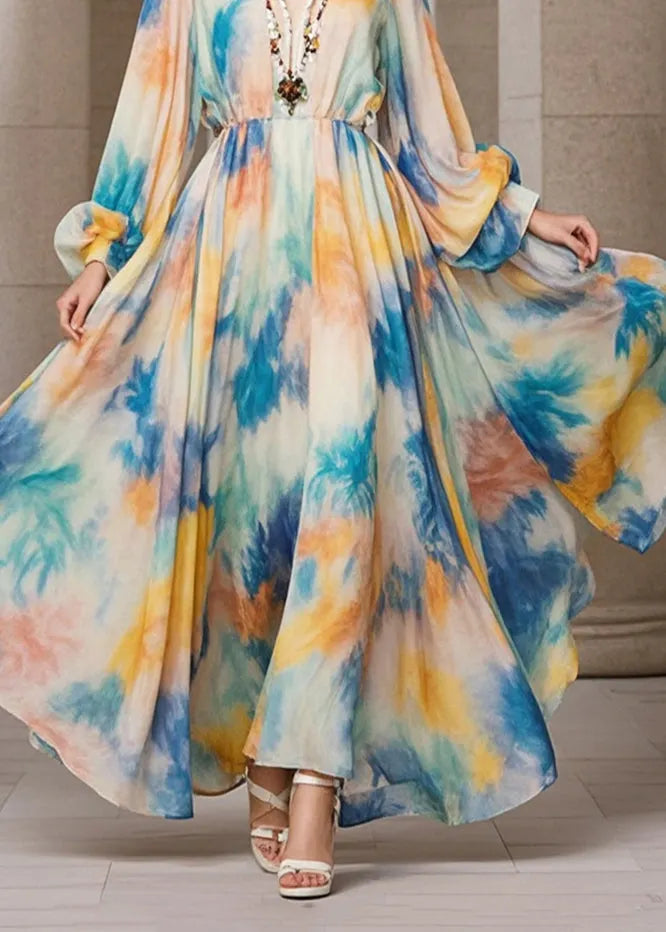 Beige Tie Dye Exra Large Hem Chiffon Maxi Dress Fall