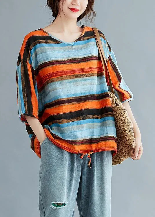 Simple Striped Linen Cotton Clothes Work Drawstring Summer Shirt