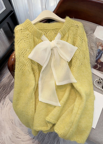 French Fruit Green O-neck Hollow Out Ma Hai Mao Cotton Knit Sweater Tops Winter