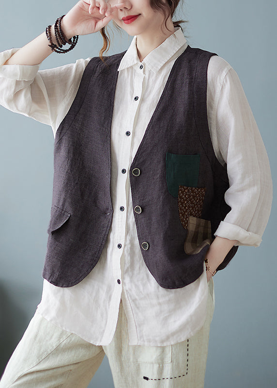Coffee V Neck Pockets Button Cotton Vest Tops Sleeveless