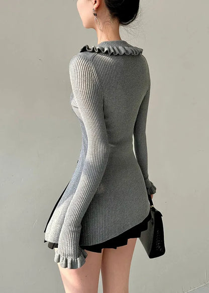 Grey Turtleneck Button Knit Sweater Butterfly Sleeve