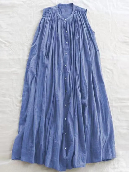 Sleeveless Pleated Pure Cotton A-line Dress
