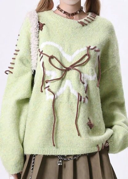 Novelty Green O Neck Lace Up Knit Sweaters Spring