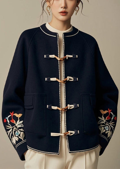 Navy O-neck Button Print Cotton Coat Fall