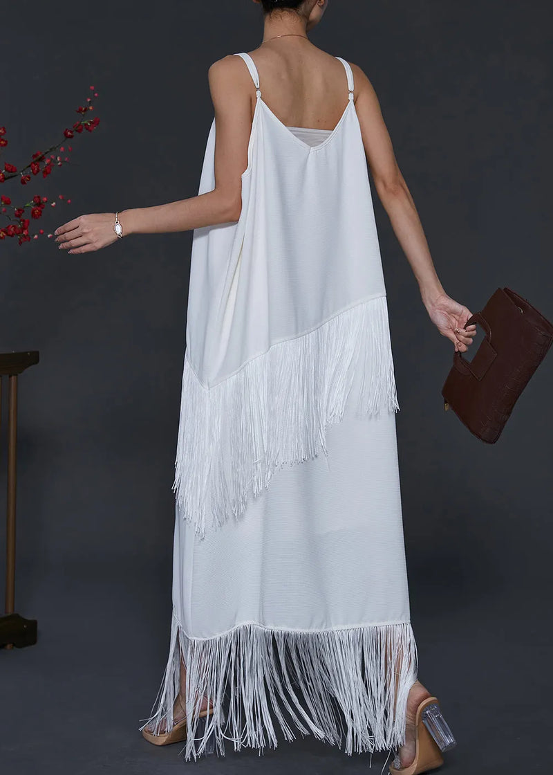 White Tasseled Chiffon Spaghetti Strap Dress Summer