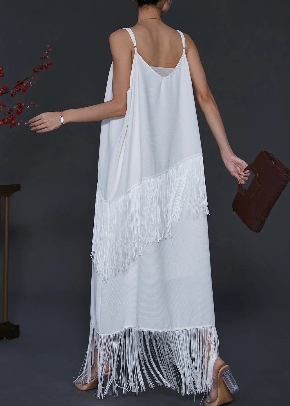 White Tasseled Chiffon Spaghetti Strap Dress Summer