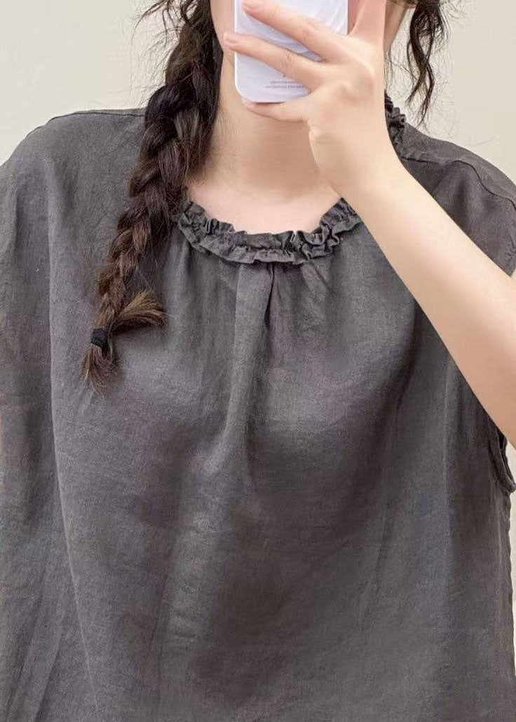 Stylish Grey Ruffled Linen Shirt Top Sleeveless