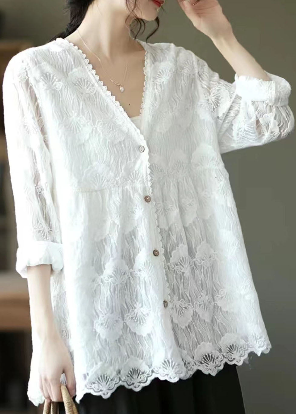 White V Neck Embroidered Lace Cardigans Tops Spring