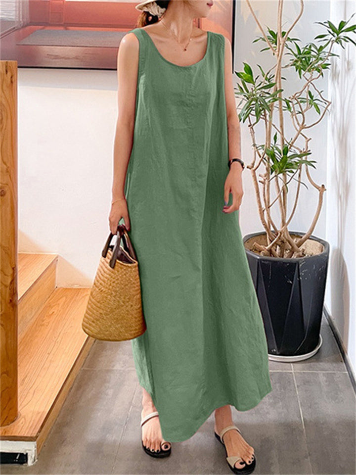 Cotton Linen Simple Wind Loose Pockets Round Neck Temperament Sleeveless Color Dress Female
