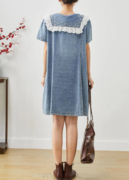 Blue Peter Pan Collar Nail Bead Denim Vacation Dress Summer