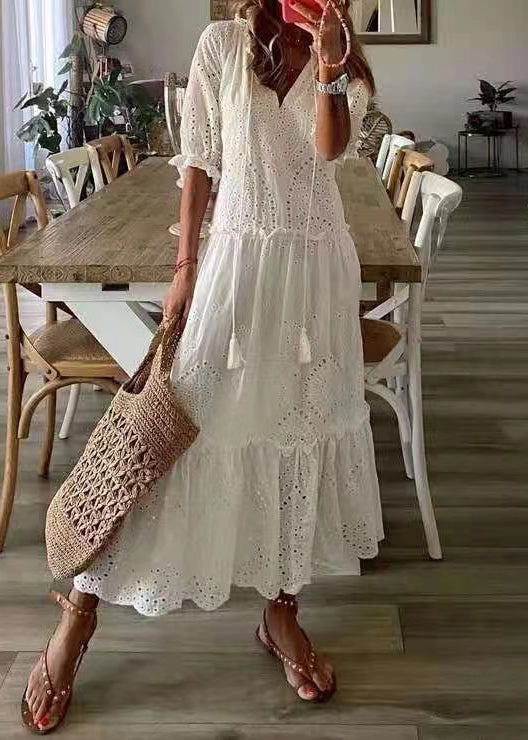 White Ruffled Hollow Out Cotton Party Dress Summer
