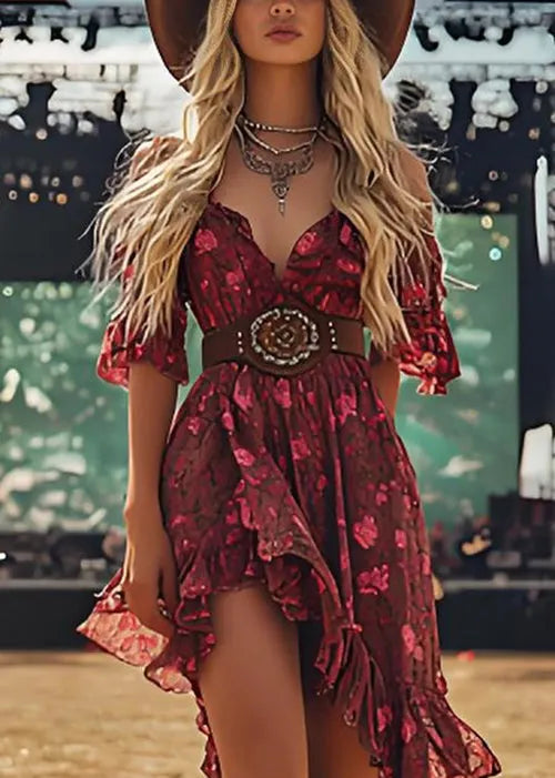 Ruffled Asymmetrical Design Patchwork Cotton Mid Dress Summer